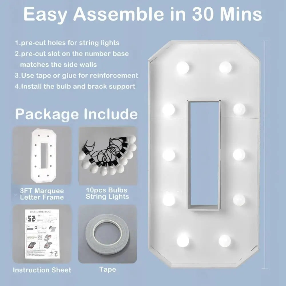 1Pc 73cm/28.7inch Light Up Digital Marquee Frame White Lights KT Board Number 0-9 Plug-in KT Board With Bracket Party Decorative