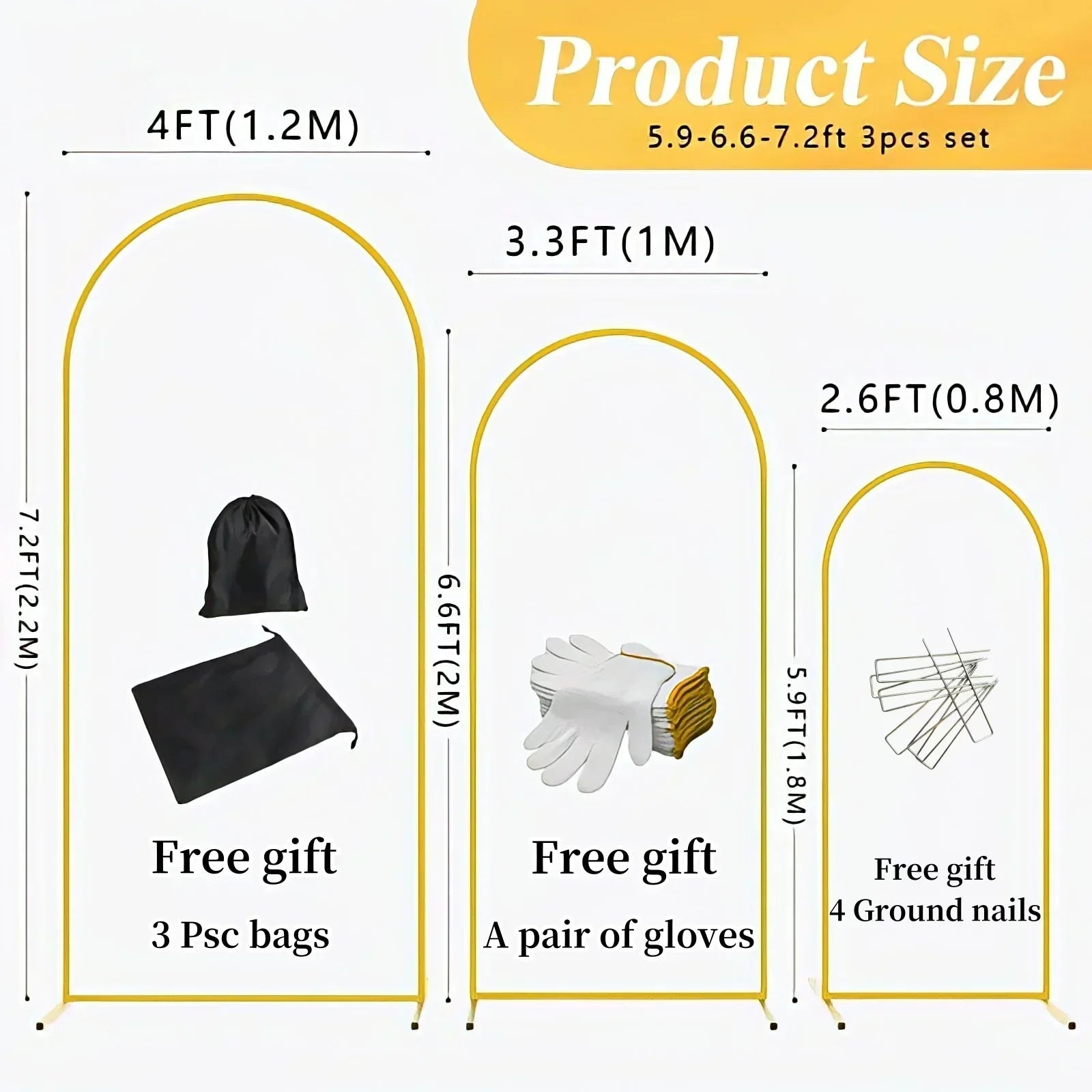 3Pcs Gold Metal Backdrop Arch Stands Wedding Decoration Party Supplies Balloon Support Frames Birthday Photo Background Props